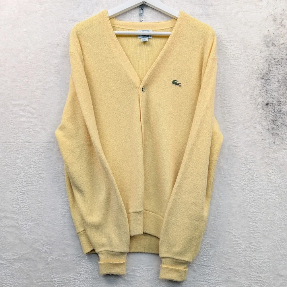 VTG Izod Lacoste Cardigan Men's L Yellow Button Front Knit V-Neck Preppy 80s